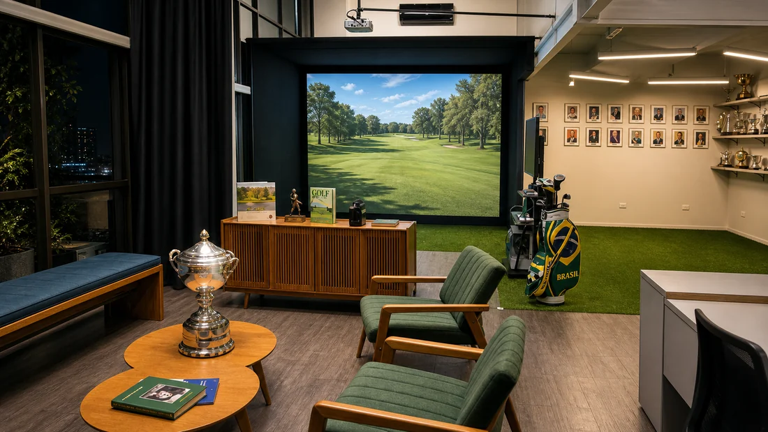 Simulador e área de treino na sede da Confederação Brasileira de Golfe