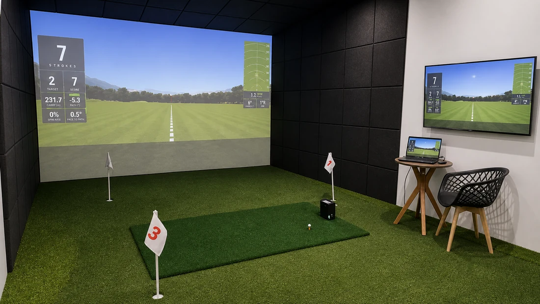 Lounge corporativo com simulador de golfe em São Paulo